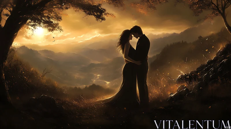 Silhouetted figures embracing against mountainous landscape at golden hour.