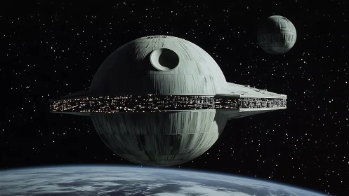 Photorealistic orbital battle station with illuminated equatorial ring.