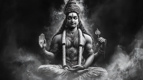 Digital sculpture of meditative deity with trident in smoke