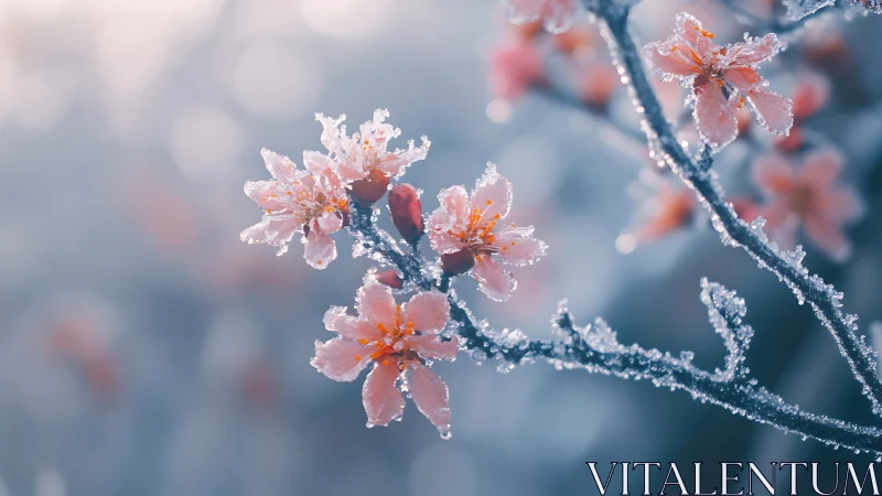 Frost-Encased Blossoms: Crystalline Ice Petals on Winter Branch.