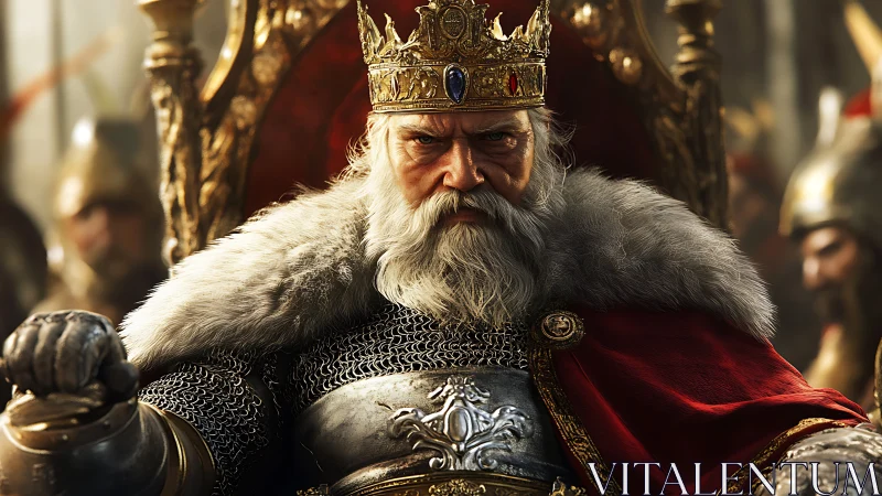 Battle-hardened medieval king on ornate golden throne, frontal