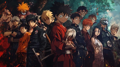 Group of anime characters assembled in a dense horizontal lineup