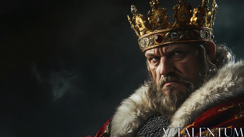 Stern medieval king in jeweled crown and fur cloak portrait.