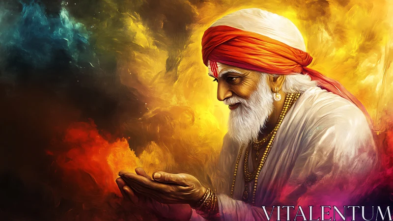 Elderly sage in turban studies chromatic ethereal clouds