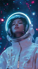 Neon-lit astronaut portrait shows reflective visor and soft bokeh field