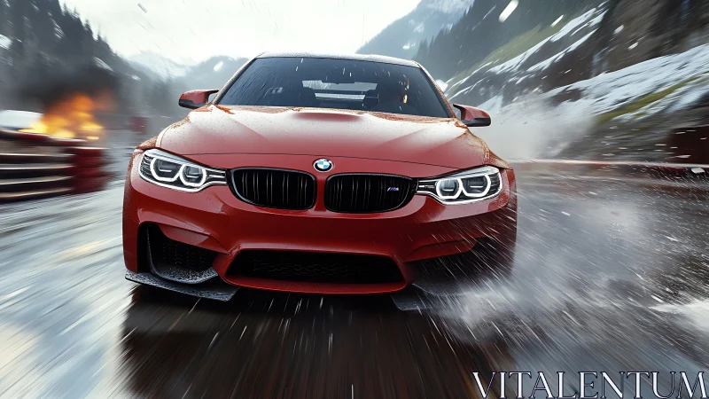 Photorealistic red sports sedan in dynamic wet track motion.