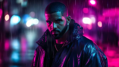 Neon rain carves a lone figure in electric magenta night.