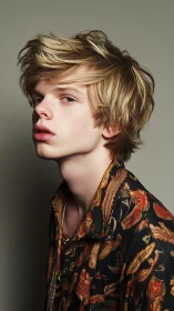 Blond youth poses in patterned shirt, soft studio light.