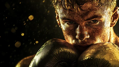Golden-Dusted Boxer Portrait With Dramatic Lighting Effect.