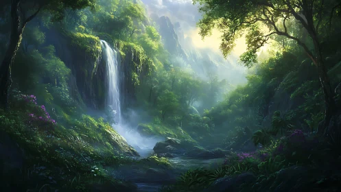 Enchanted Forest Waterfall with Mystical Light.