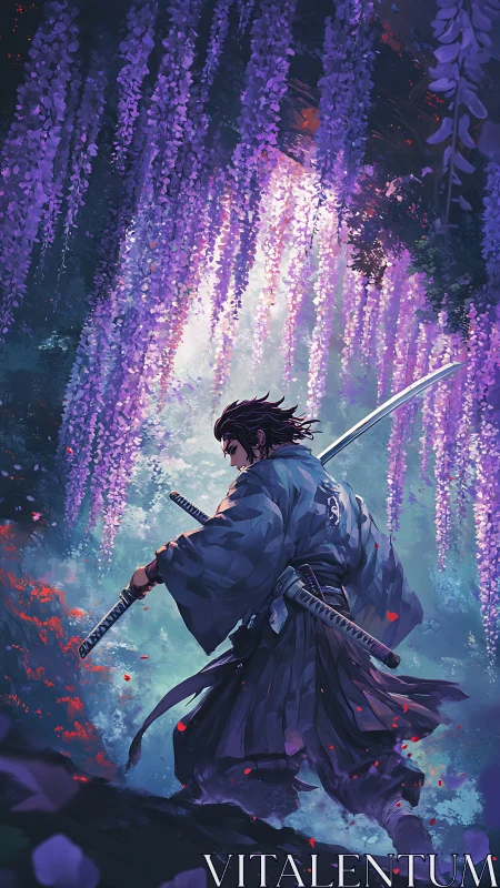 Samurai under cascading wisteria canopy with dual katanas poised.