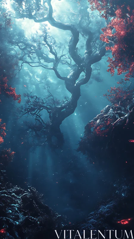 Twilight abyss forest where crimson embers haunt the deep.