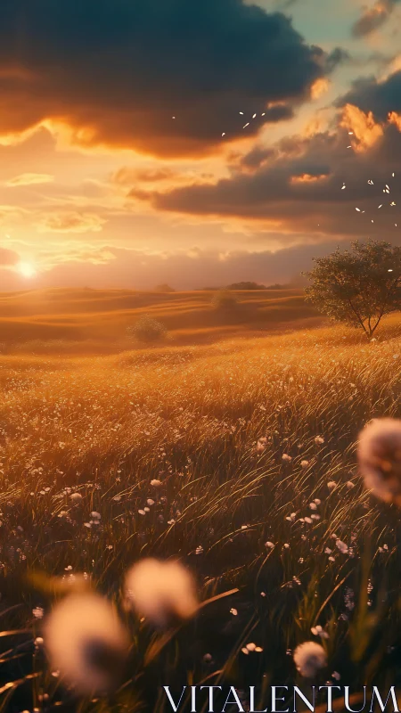 Golden meadow glows softly beneath a warm summer sunset sky