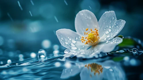 White Flower with Dewdrops in Rain: Macro Photography.