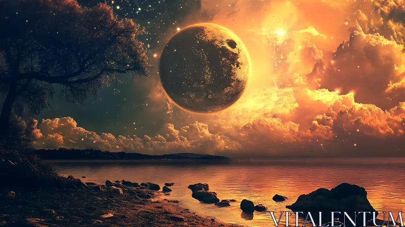 Celestial moonrise ignites an alien shore in fiery starlight