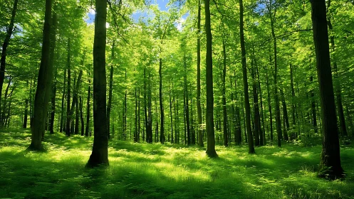 Lush Green Forest with Sunlight Streaming Through Trees.