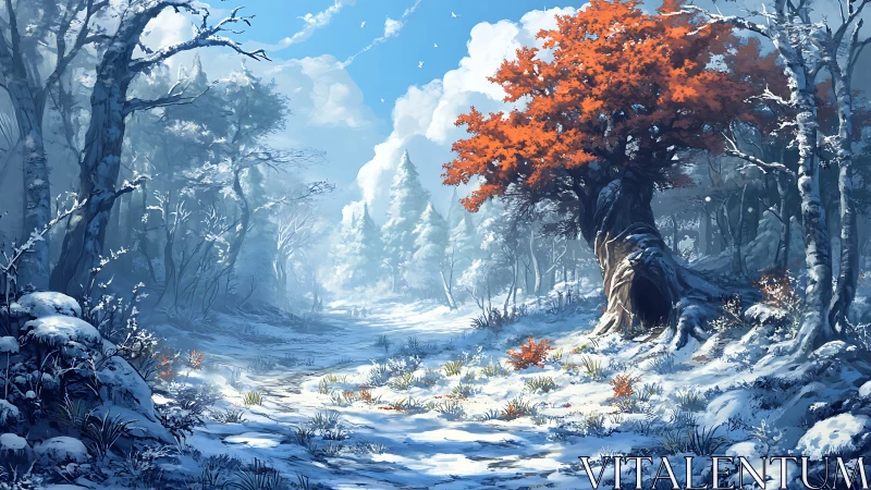 Bright autumn tree warming a quiet snowy forest path.