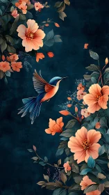 Hummingbird glides amid coral blooms on deep teal ground