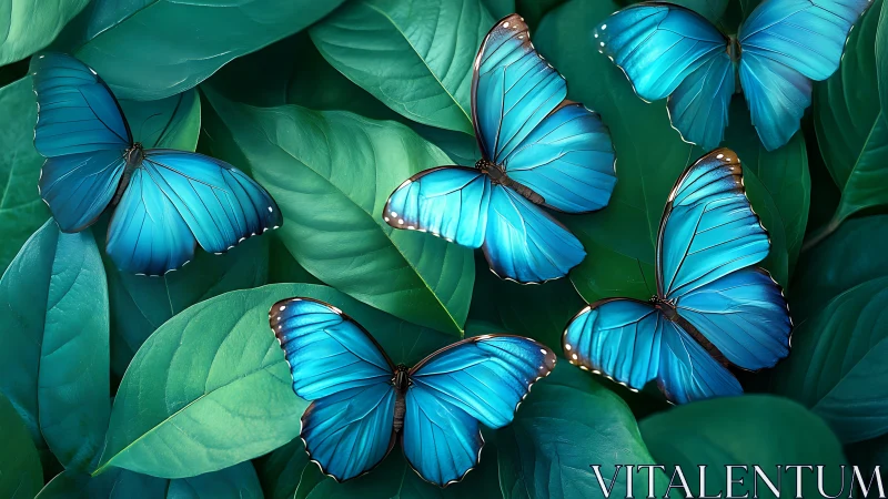 Iridescent blue morpho butterflies on layered emerald foliage.