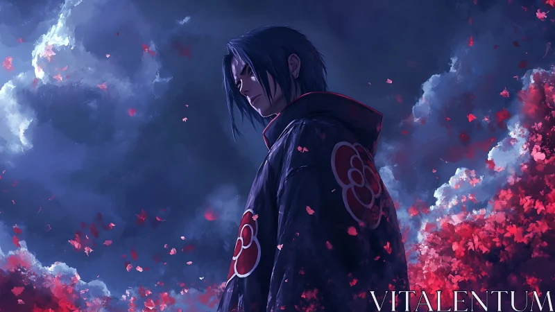 Stormlit rogue in crimson petals under brooding sky.