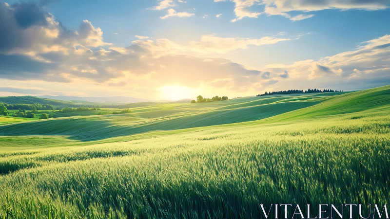 Sunlit waves of green roll beneath a radiant summer horizon.