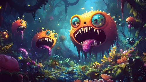 Neon jungle monsters roar inside glowing alien forest