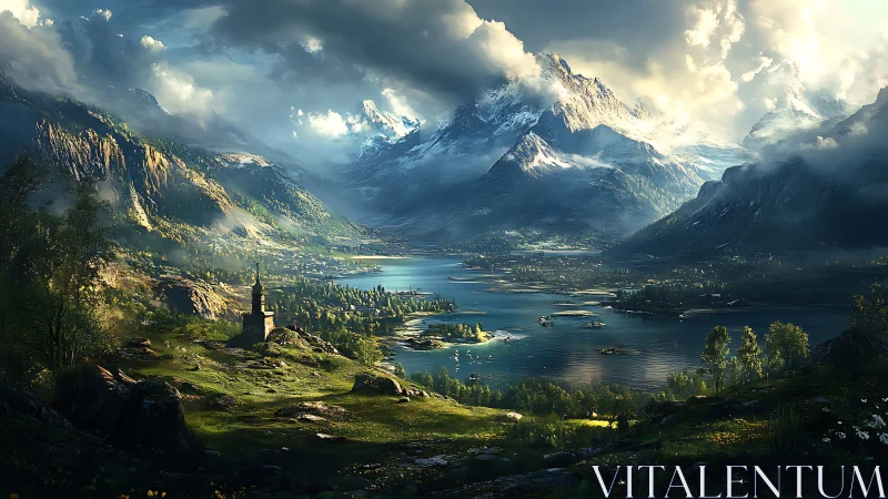 Sunlit alpine lake valley under dramatic stormlit peaks.