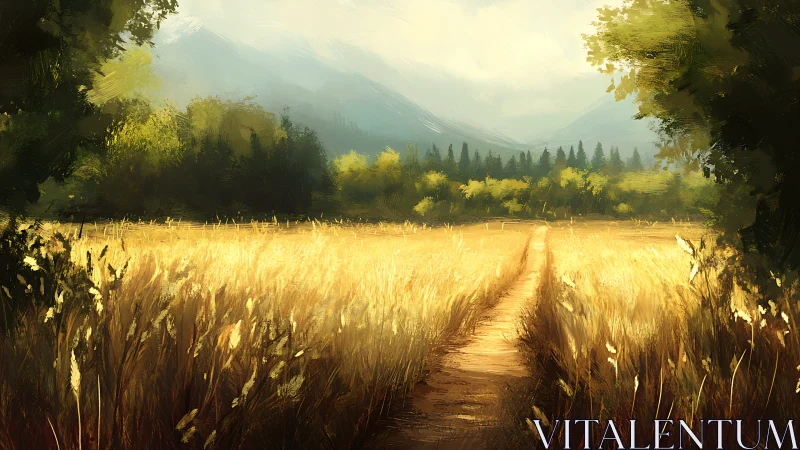 Rural dirt path through golden field to distant treeline.