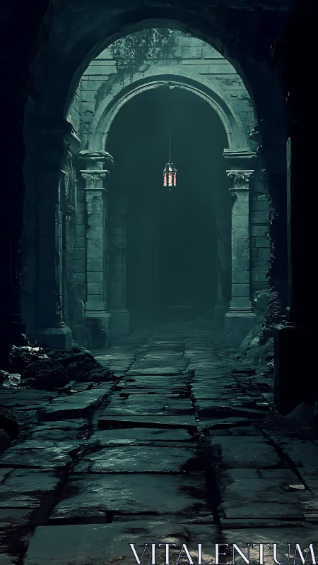 Lanternlight tiptoes through a crumbling stone arcade