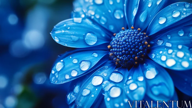 Blue daisy flower covered in water droplets, macro photography close-up