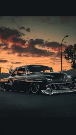 Low-slung classic sedan under dramatic orange dusk sky