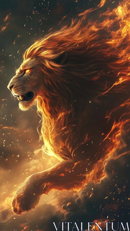 Fiery lion profile in motion within dark atmospheric clouds.