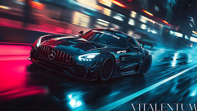 Mercedes AMG race car speeding through neon city street.