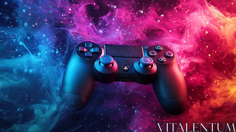 Neon cosmos controller drifting through electric gamer haze.
