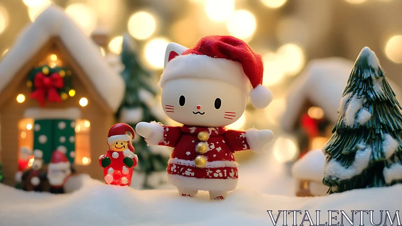 Cheerful Christmas cat figurine enjoys a snowy holiday village
