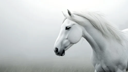 White stallion emerging through mist in soft grey fieldscape.