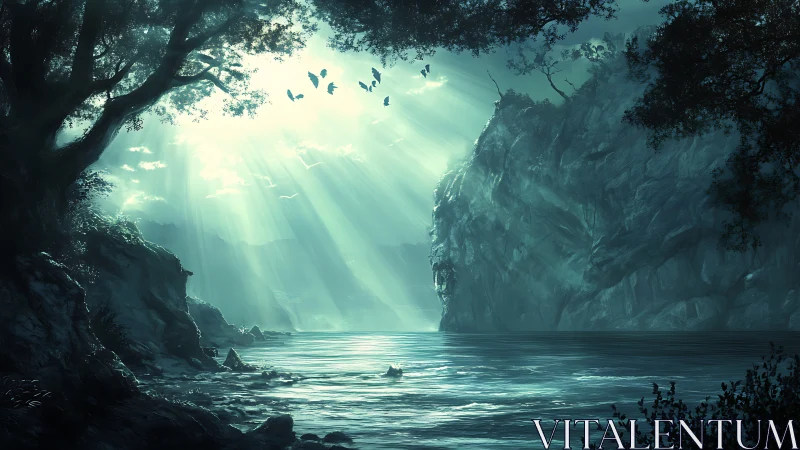 Digital painting of luminous forest cove with atmospheric depth.