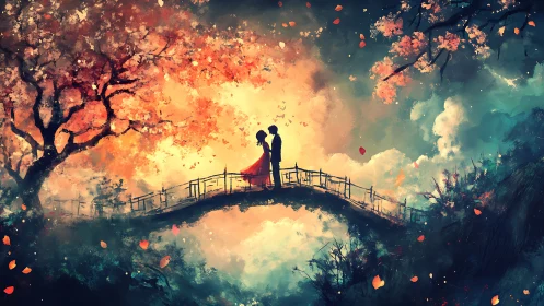 Two Figures on Bridge Under Glowing Autumn Trees.