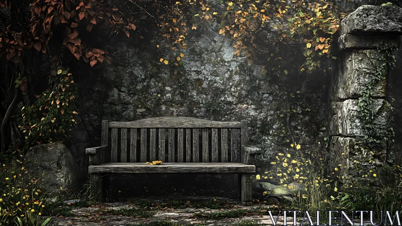 Weathered wooden bench in overgrown stone garden wall scene