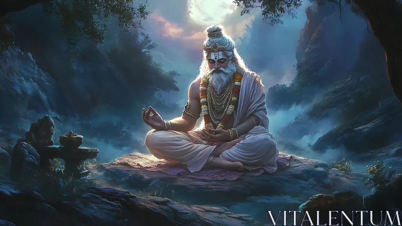 Mountain sage in moonlit trance upon a silent stone altar.