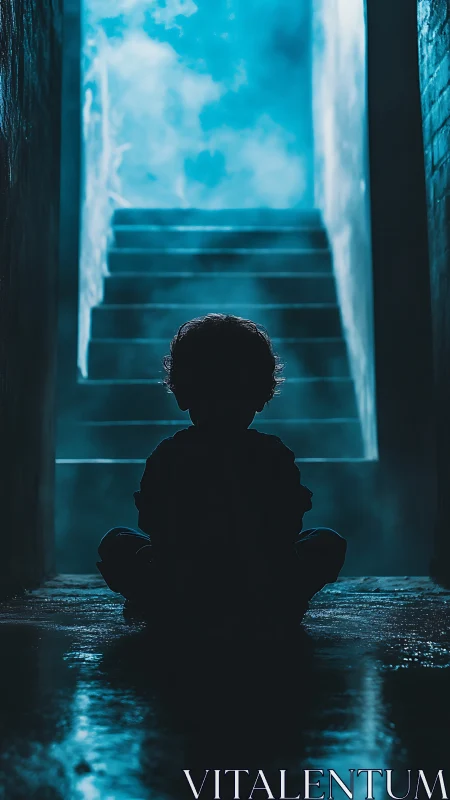 Quiet child silhouette watching a glowing blue stairway.