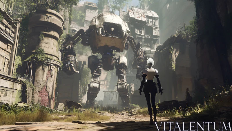 Rusted city colossus meets lone android in quiet ruins