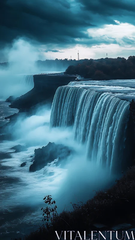 Moody photoreal waterfall panorama with cinematic perspective.
