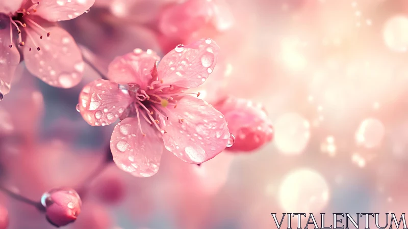 Pink Flowers with Water Droplets and Soft Bokeh Background