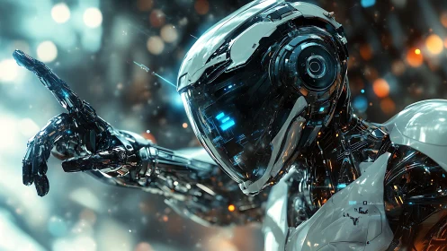 Humanoid robot extends articulated arm in blurred urban setting