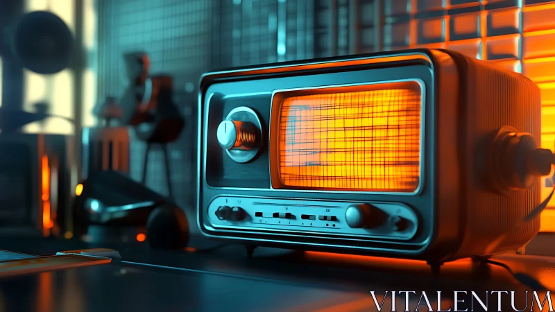 Retro radio glows in neon studio with warm orange screen.