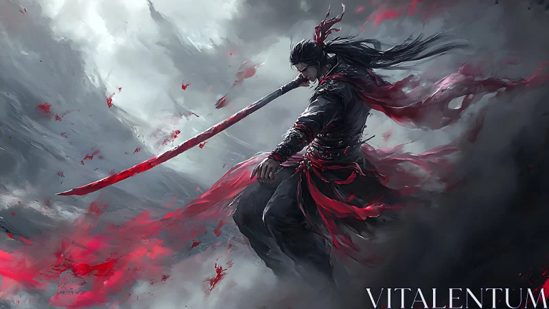 Digital painting of crimson-bladed warrior in storm vortex.