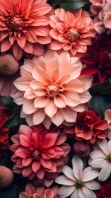 Clustered dahlia and composite flowers in coral, pink, and deep red tones.