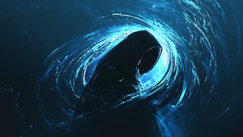 Hooded figure emerges from electric blue vortex of light
