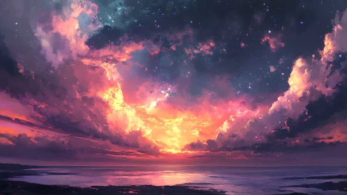 Vivid digital seascape under luminous sunset sky.